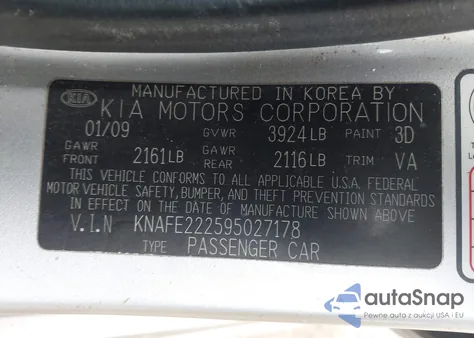 2009 Kia Spectra Sx z USA, uszkodzony, nr VIN KNAFE222595027178